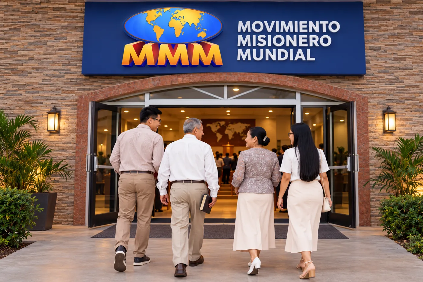 Familia entrando a una iglesia del Movimiento Misionero Mundial